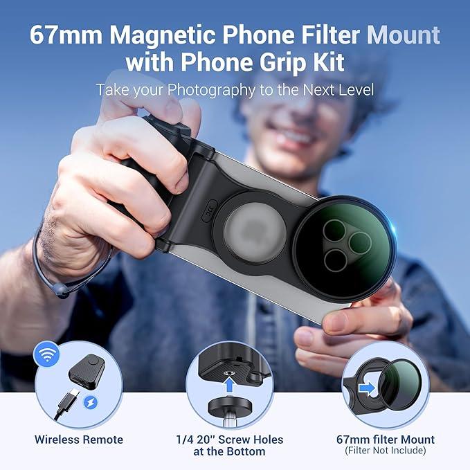 67mm Magnetic Phone Lens Filter Mount with Magnetic Phone Shutter Grip Kit for iPhone 16 Pro Max,UV ND CPL Filter Adapter Set for iPhone 16 15 14 Pro Max Only for Video Shooting(Filters Not Included)