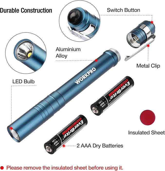 WORKPRO LED Pen Light, Aluminum Pen Flashlights, Pocket Flashlight with Clip for Inspection, Emergency, Everyday, 2AAA Batteries Included, Blue (4-Pack)