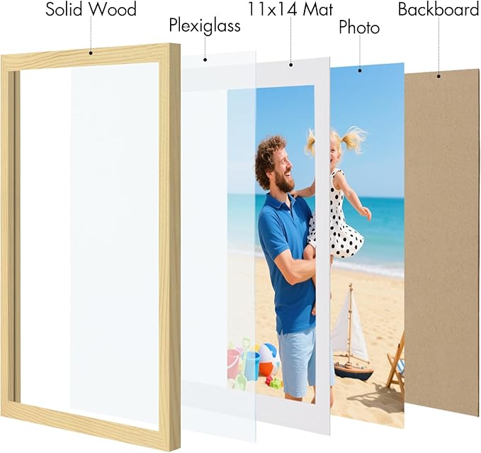 Vittanly 12x16 Picture Frame, Made of Solid Wood and Shatterproof Plexiglass, Display Pictures 11x14 with Mat or 12x16 without Mat, Wooden Photo Frame for Wall Mounting, Natural, 1 Pack