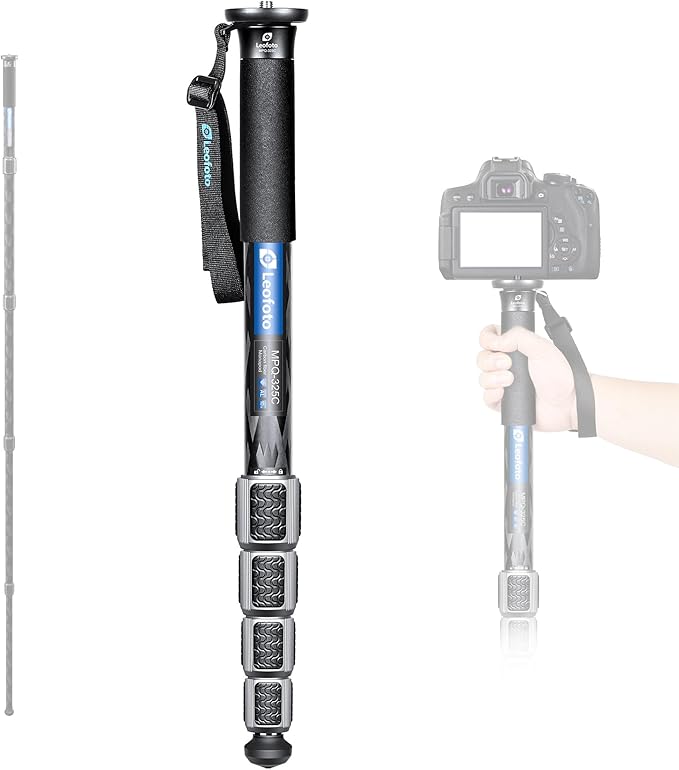 LEOFOTO Camera Monopod Carbon Fiber Portable Compact Lightweight Travel Monopod with Wrist Strap, Silicone Handle, Twist Locks, 5-Section up to 165cm, Max Load 15kg，Black(MPQ-325C)