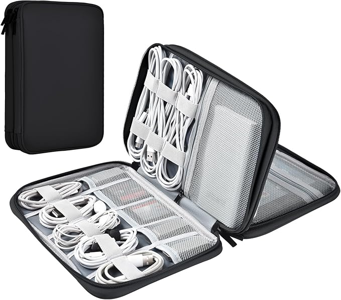 Leather Cord Organizer Travel Waterproof Travel Cable Organizer Bag Portable Tech Organizer Travel Case for Charger Electronic Accessories(Black, Double Layer-Small)
