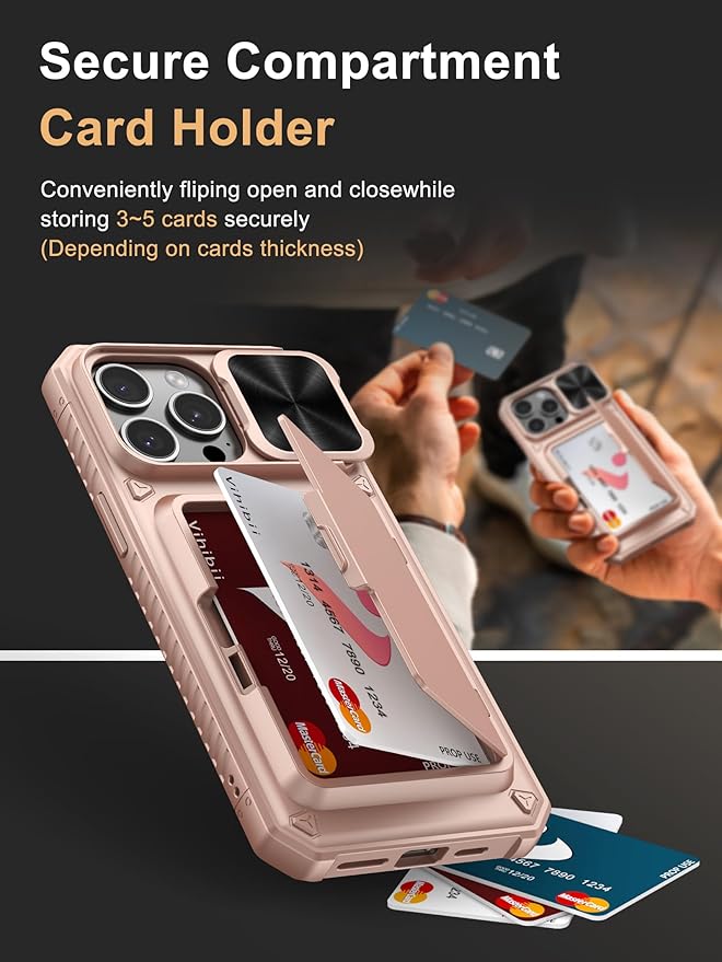 Vihibii for iPhone 15 Pro Max Wallet Case with Card Holder (4 Cards) & Slide Lens Cover & Stand, Shockproof Rugged Hard Back & Raised Edges Protection Case for iPhone 15 Pro Max, 6.7" 2023, Rose Gold