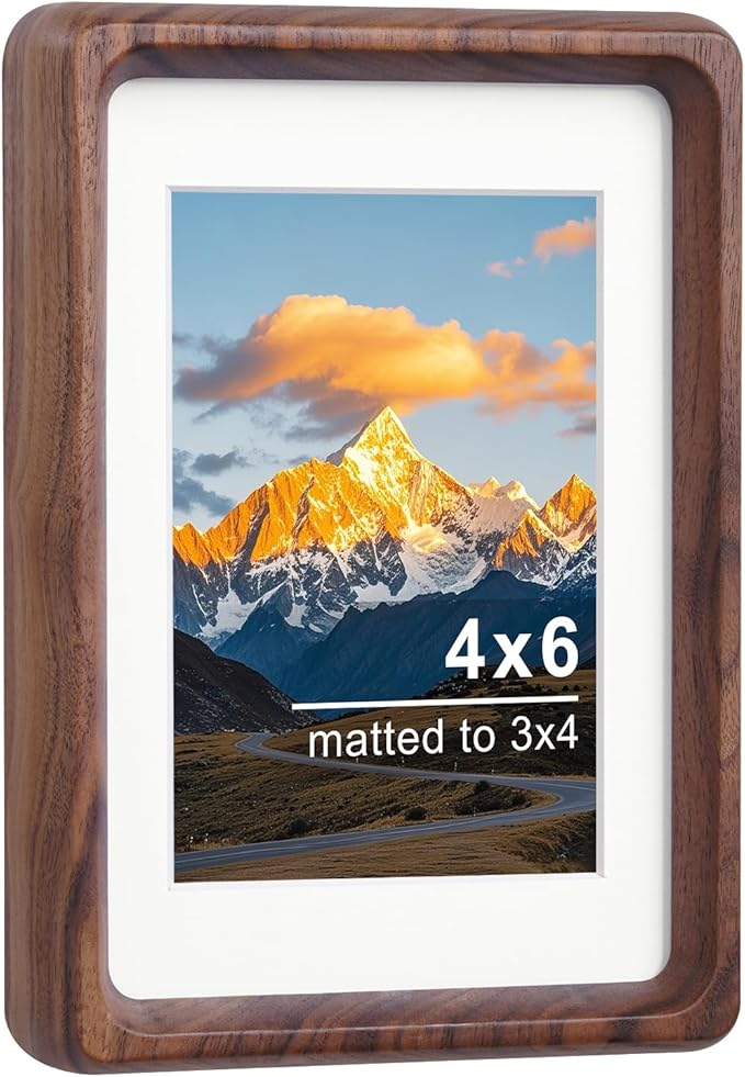 TEYCLZORE 4x6 Natural Walnut Picture Frame, Handmade Photo Frame, Display 3x4 Picture with Mat or 4x6 Without Mat, Tabletop Display and Wall Hanging
