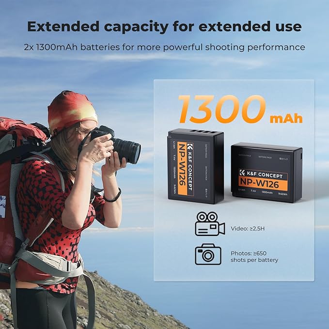 K&F Concept 1300mAh NP-W126 NP-W126S Battery and Charger for Fujifilm XM5, X100VI, X100V, XS10, XT30, XT30 II, XT20, XE4, A5, Dual-Slot Fast Charger, Type-C and Micro-USB Input, 2 Pack Battery