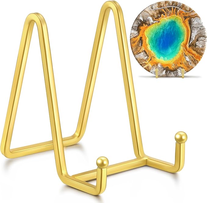Metal Square Wire Plate Stands for Display - 4.5 Inch Holder + Picture Frame Stand Easel for Book, Decorative Plate, Plaque, Photo, Platter (Gold 2 Pack)