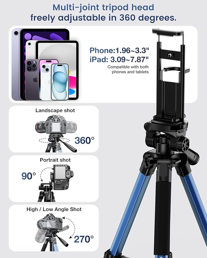 CAMBOFOTO 73" Camera Tripod and Monopod, Professional Aluminum Tripod Stand for Mirrorless Camera/DSLR/Cell Phone/Camcorder/GoPro, with Phone Holder and Travel Bag (Navy Blue)