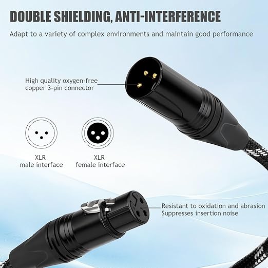 Pro XLR Cables - 1 Pack: 6ft Quad-Core Twisted Dual-Shielded Nylon-Braided Oxygen-Free Copper (OFC) 3-Pin Male-to-Female Microphone Cables