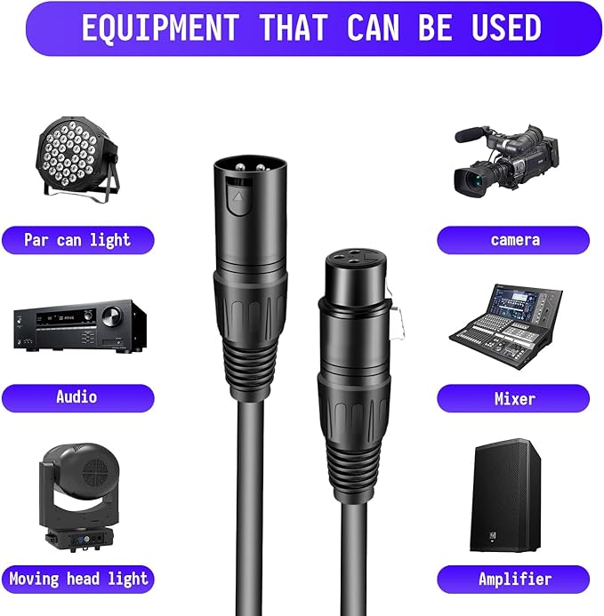 DMX Cable 6.5 ft, 6 Pack Flexible 3 Pin XLR Male to Female Cable Wire for Stage Lighting Signal XLR Connection Stage Light Wire for Par Light Moving Head Spotlight Input & Output