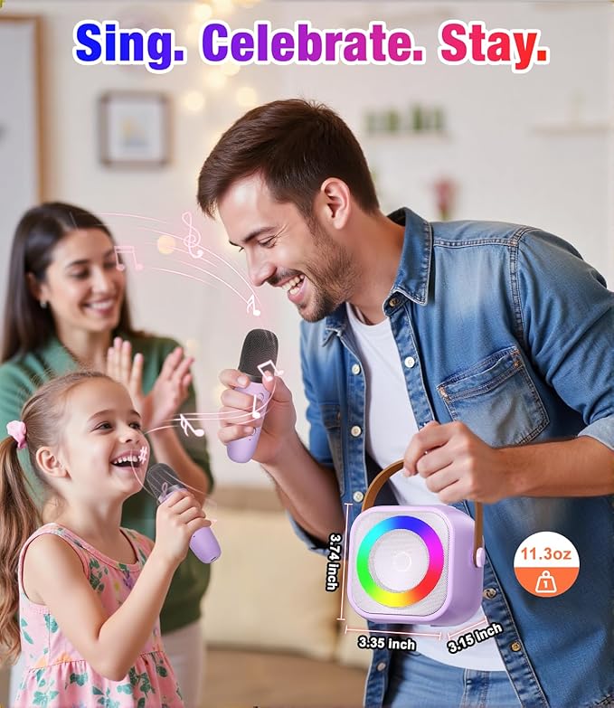 Mini Karaoke Machine, Portable Bluetooth Speaker with 2 Wireless Microphones for Kids & Adults, Karaoke Microphone with LED Lights, Gifts for Girls & Boys_Purple
