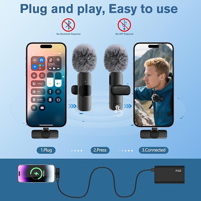 Professional Wireless Microphone for iPhone,iPad,Android, Lavalier Lapel Mic for Video Recording, Mini Mic Crystal Clear Recording with USB-C for Content Creators Vlog YouTube Tiktok Podcast Interview