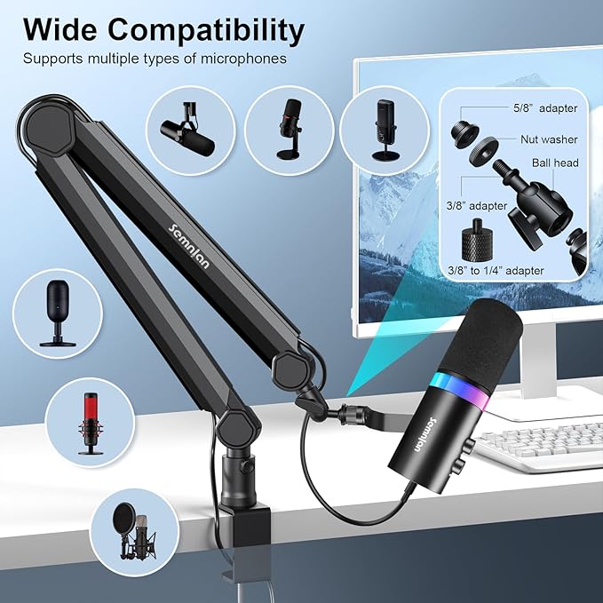 LM08 Mic Arm Stand, 360° Microphone Stand with Cable Management Channels, Desk Clamp, Thread Adapter, Fully Adjustable Built Podcast Mic Boom Arm for Streaming Gaming Recording Black