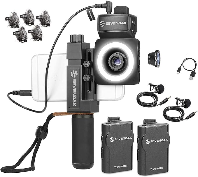 Movo SmartCine W2 - Wireless Smartphone Video Kit with Phone Rig, Dual Wireless Lavalier Microphone System, LED Light, Wide and Fisheye Lenses for iPhone/Android Phones - YouTube, TIK Tok Kit
