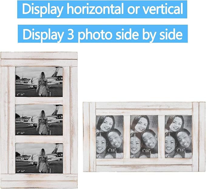 RiteSune 3 Picture Frames 4x6 for Wall, Photo Collage Frame Present for Christmas Birthday, Rustic Photo Frames for Home Wall Decor（White