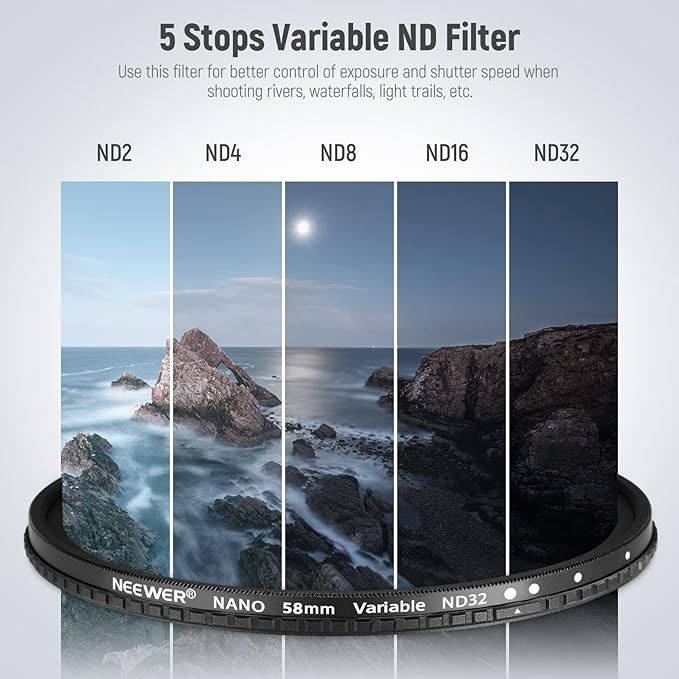 NEEWER 58mm HD Variable ND Filter ND2-ND32 (1-5 Stops) No X Cross/Optical Glass/30 Layer Nano Coated/Ultra Slim Aluminum Alloy Frame/Water Repellent/Anti Scratch Adjustable Neutral Density Filter