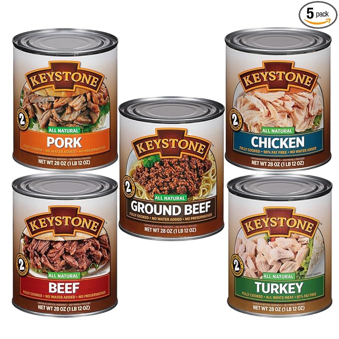 Keystone Meats All Natural Heat and Serve 5 Can Variety Pack (Beef, Chicken, Pork, Turkey, Ground Beef) Fully Cooked, Ready to Eat Canned Meat for Everyday Meals, Emergency, Camping, Pantry Staple 5 Years Shelf Life 28oz Each Made in USA