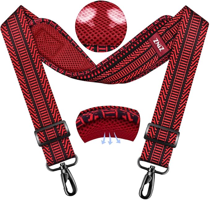 ZINMARK Shoulder Strap 59 inch, Extra-Thick Fixed Cushion Pad and Dual Clasps Universal Replacement Strap for Bags, Camera, Crossbody，Lawn mower -Black Red Jacquard