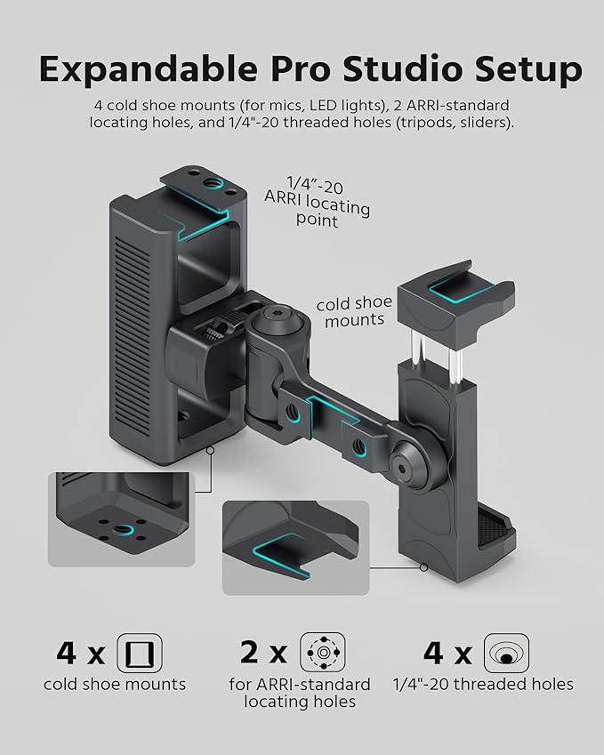 Phone Clip Rig Stabilizer for Smartphone, Lightweight Handheld Vlogging Rig with 360° Rotation, Grip & Cold Shoe Mounts | Compatible with Most Smartphones (for Arri-Standard)