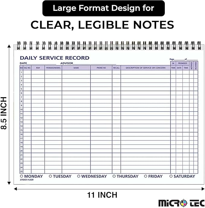 Daily Car Service Record Book – 8.5" x 11" Spiral Bound Auto Service Log – Blue Ink Durable 90# Paper – Automotive Service & Repair Tracking – Dealership Workshop Record - 100 Pages/Book (Book of 3)