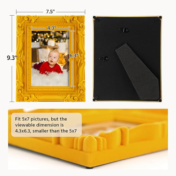 Yellow Picture Frame 5x7 for Family Photos Dog Cat Animal Portraits, Flocking Vintage Ornate Frame for Shelf Side Table Gallery Wall Art, Small Real Glass Decorative Frames (Yellow)