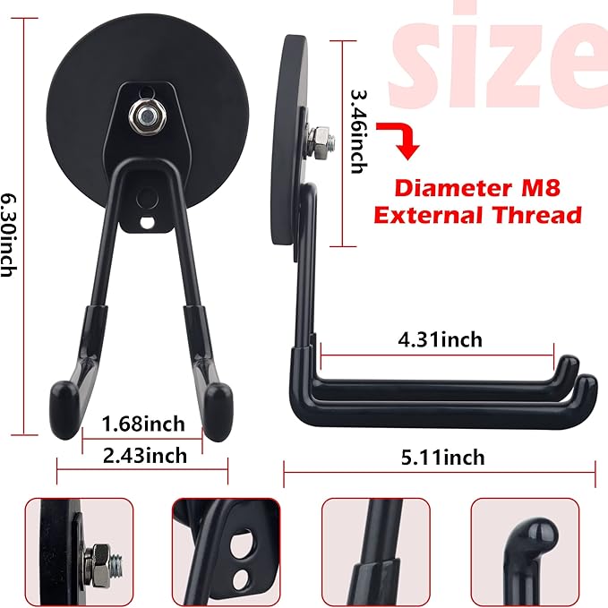 ULIBERMAGNET Strong Magnetic Ultimate Hooks,Large Magnet with Hooks for Heavy Duty Tools,Jig Saw,Hose, 2 Pack Heavy Duty Magnetic Hooks for Hammer Drill,Circular Saw,Garden Tool(3.46inch/Black)