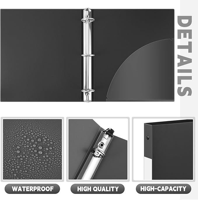 Henoyso 36 Pcs 3 Ring Binder 1/2'' Round Fits Letter Size 8.5'' x 11'' Paper Plastic Flexible Binder Holds 140 Sheets with 1 Pockets Versatile Organizer for Home Office School (Black)