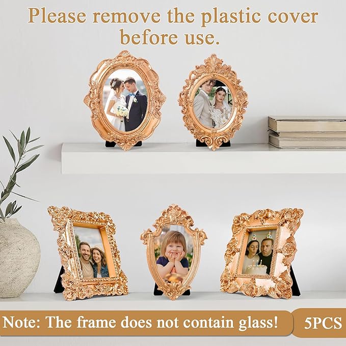 5-Piece Set Vintage Mini Photo Frames,Baroque Rose Gold European Palace Style , Retro Carving, Stand or Hang, Desktop Display, Wall Decor,Fits Gallery Walls / Wedding Photo Walls / Home Decor Retro Style Photo Frames