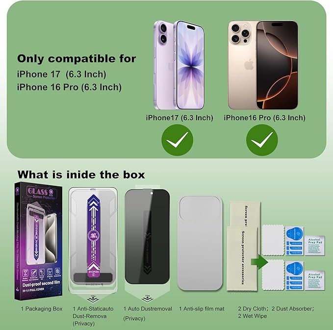 SHANG PIN JIA 2 Pack Privacy Screen Protector for iPhone 17&16 Pro 6.3-Inch Auto Dust Removal, No Bubbles,Anti-Spy Tempered Glass Film, Easy Installation