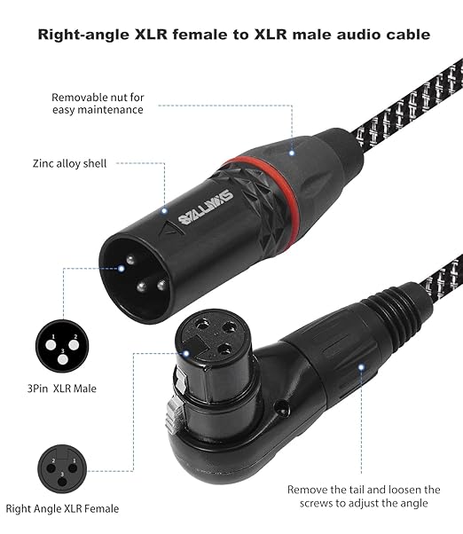 2-Pack Right Angle XLR Cable, Adjustable-Angle Female to Straight Male 1.6FT, 90 Degree Mic Cord for Mixer, Studio, Podcast for Sound Devices Mixer Recorder