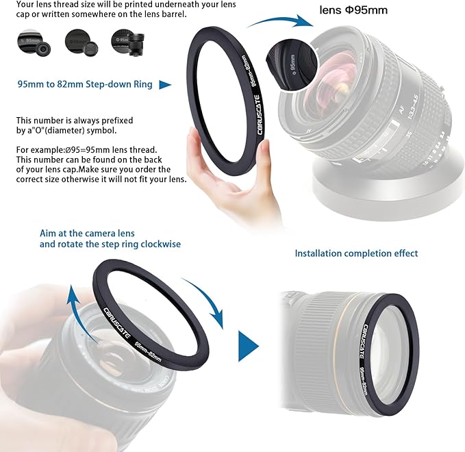 3Pcs 95-82mm/95-77mm/95-72mm Filter Ring Adapter,Metal Step Down Ring for All Brands Camera Accessory(for UV,CPL,ND,Threaded Lens Hood)