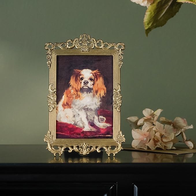 NIKKY HOME Vintage Picture Frames 4x6, Retro Gold Photo Frame, Metal Decorative Picture Frame with Stand and Glass Front for Tabletop Display Home Decor