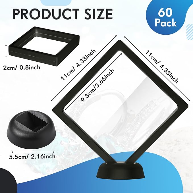 60 Pcs 3D Floating Display Case PE Film Jewelry Storage Box Coins Display Frame Holder Stands for Antique Challenge Coins, Medallion Shells Gems Rocks Pins (Black,4.33 Inch)