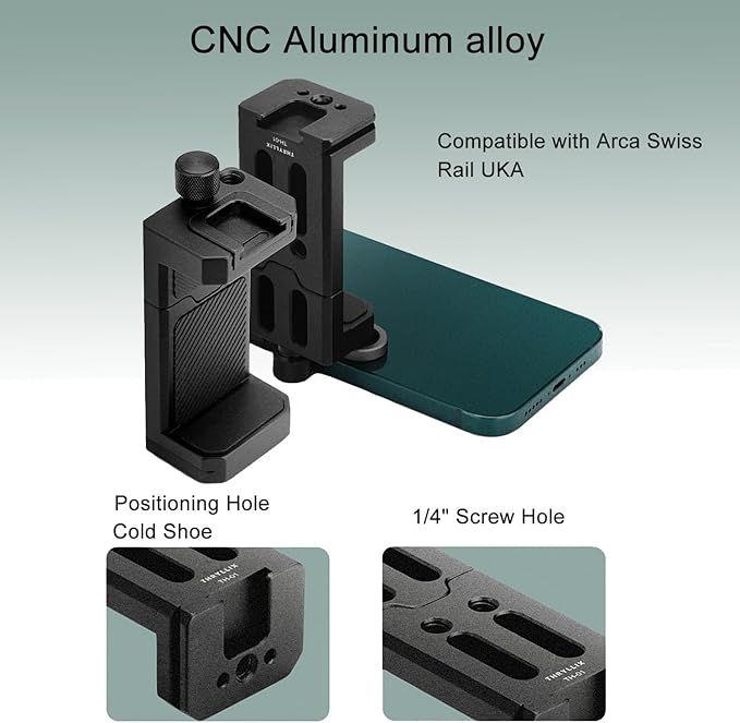 Aluminum Phone Tripod Mount with Cold Shoe & ARCA-Swiss Quick Release, Adjustable Smartphone Clamp with 1/4" Thread, Universal Phone Holder for iPhone 17/16/15/14/13, Samsung, Vlogging, Filming