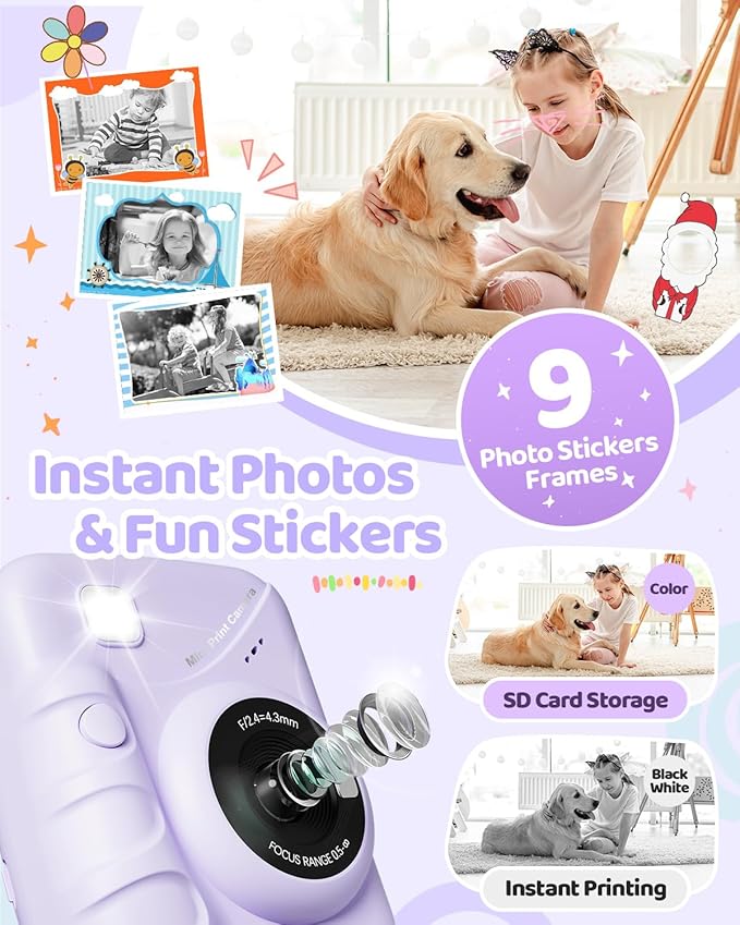 TIATUA Kids Camera Instant Print for Girls Ages 3-14, 3-inch HD Screen Camera for Kids with Printing Paper, 1080P Digital Toddler Toys for 4 5 6 7 8 9 10 11 12 Years Old (Purple)