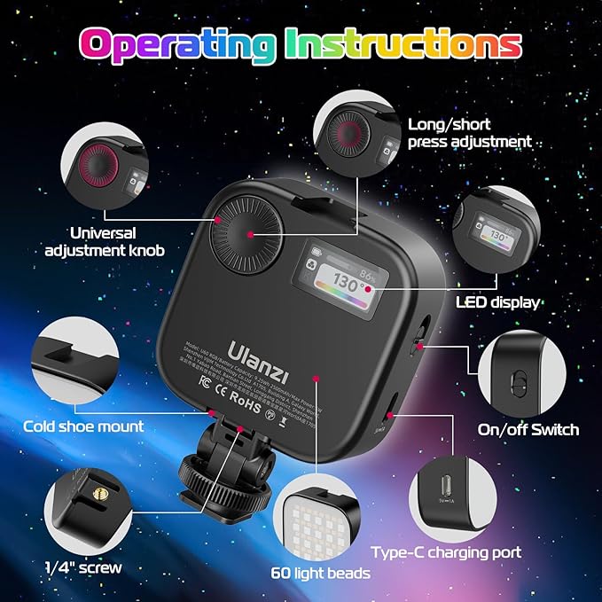 ULANZI U60 RGB Video Lights Black LED Camera Light 360° Full Color Portable Photography Lighting w Quick Release Cold Shoe Adapter and Clip, 2500mAh Rechargeable CRI 95+ 2500-9000K Dimmable Panel Lamp