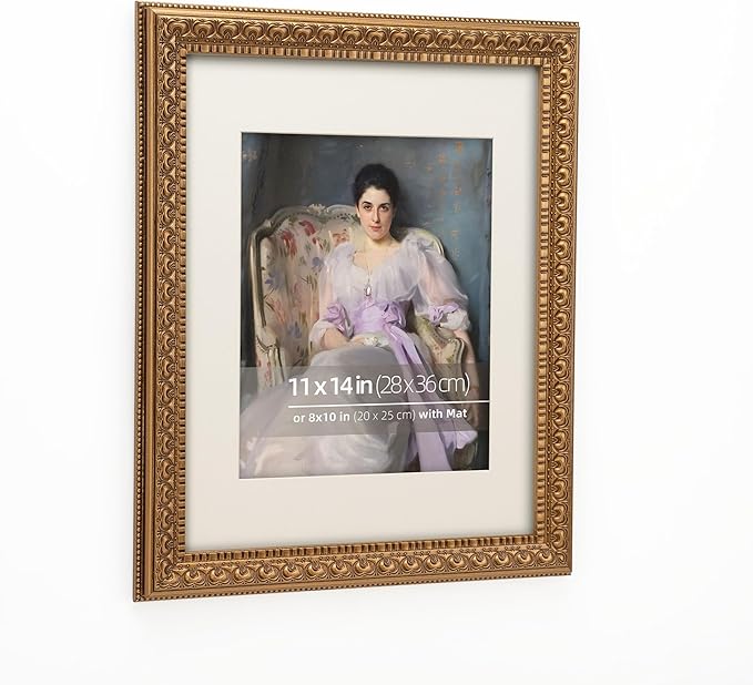 11x14 Antique Gold Wood Ornate Vintage Classic Picture Frame, With Mat 8x10 inches, Real Glass Protection, Horiztonal or Vertical Display