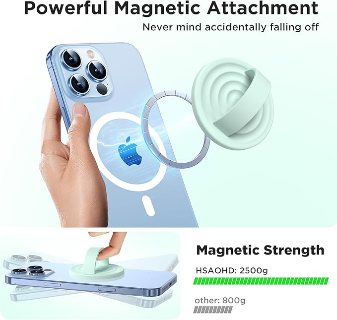 Upgraded Magnetic Phone Grip, Liquid Silicone Soft and Portable, Removable Finger Loop Ring Grip Holder for iPhone, Strong Magnetic Attraction, Compatible with MagSafe Phone Case, Mint Green