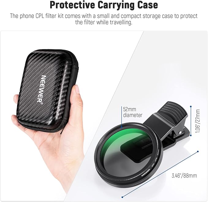 NEEWER 52mm CPL Filter for Phone, Clip On Circular Polarizing Lens Filter with Phone Clip, Case & Cleaning Cloth Compatible with iPhone 17 16 Android Samsung Galaxy S25 Ultra Camera, FL-26