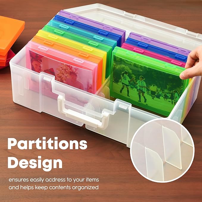 ALINK Photo Storage Box 5" x 7" with Handle, 18 pcs Inner Photo Container Organizer and Craft Keeper, Portable Picture Case with Label for Arts, Crafts, Sewing, Stickers, Office Supplies - Colored