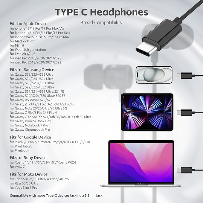USB C Headphones for iPhone 15 16 17,for Samsung S20-S23 A53 A54 Type C Wired Earbuds,Built-in Microphone Hi-Fi Bass Earphones,4.9ft Long Cord Magnetic in-Ear Ear Buds with 6 Ear Tips(Black)