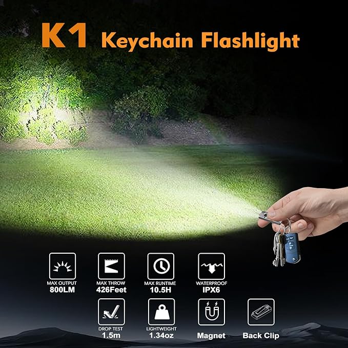 VTIGER K1 Keychain Flashlights, 800 Lumens Portable Flat Little Light,USB Rechargeable Mini Pocket EDC Flashlight with Clip,Compact LED Keyring Lights with Magnet for Everyday Carry,Camping,Emergency