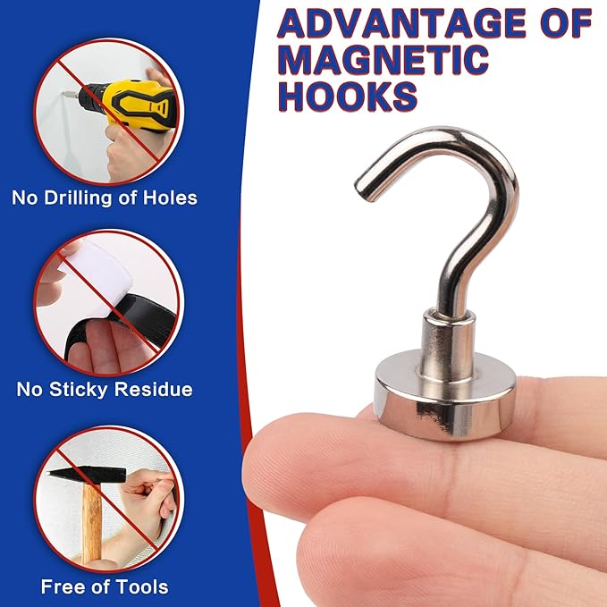 Junarter Magnetic Hooks, 40 Pack Magnetic Hooks for Cruise Cabins, 25lbs Magnet Hooks, Strong Magnetic Hook Heavy Duty, Magnets with Hook, Metal Magnetic Hook for Hanging, Refrigerator, Grill