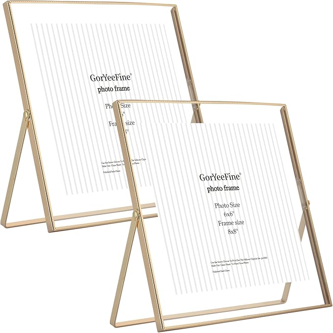 2-Pack Gold 8x8 Floating Photo Frames | Fits 6x6 Photos | Metal Beaded Design | Tabletop/Shelf Display | Elegant Wedding & Thanksgiving Gift