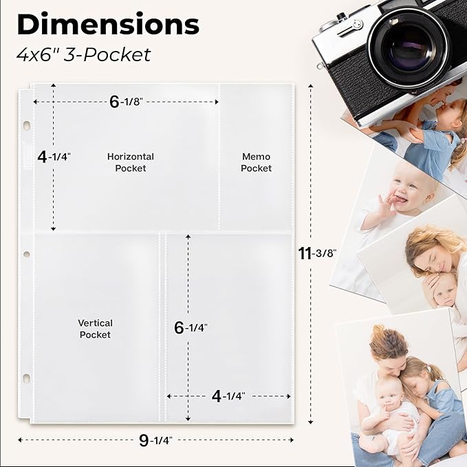 Dunwell Photo Sleeves for 3-Ring Binder, (4x6 Mixed Format, 25 Pack) for 150 Pictures, Each Photo Page Sheet Holds Six 4 x 6 Pictures or Postcards, Acid-Free Poly 4x6 Album Refill Pages
