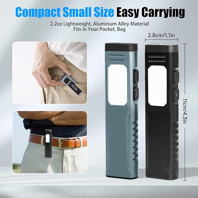 Rechargeable EDC Flashlight with Sound Beeper, Portable Flat Pocket Flashlights, Small Magnetic Flashlight, 7 Mode Side Light Clip On Handheld Flashlight for Outdoor Home Working, Silve Grey