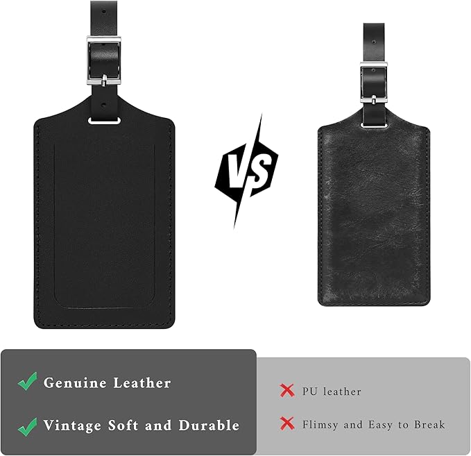 Mayski 4 Pack Genuine Leather Luggage Tags for Suitcases TSA Approved Durable Baggage Tags, Travel Essentials for Flying, Black