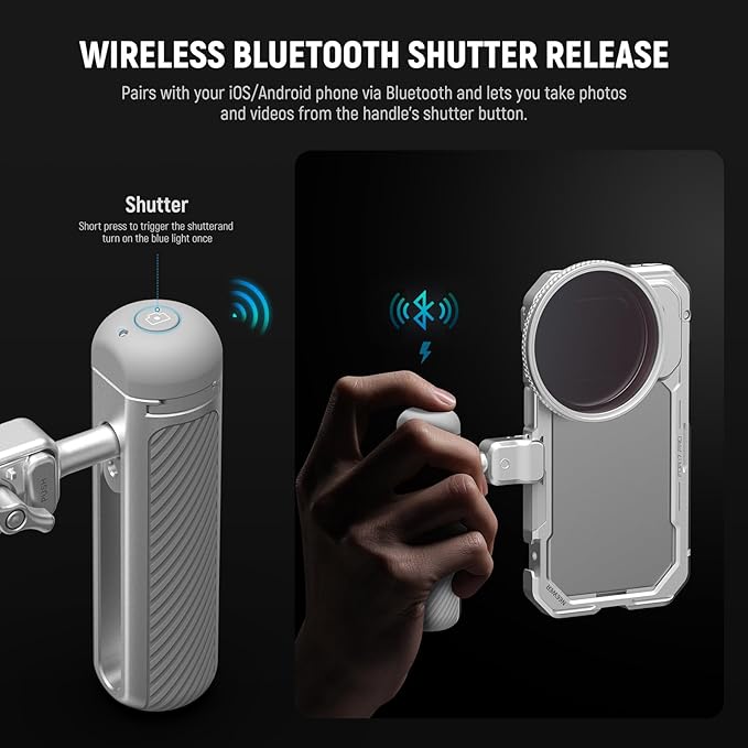 NEEWER Quick Release Side Handle with Detachable Bluetooth Shutter, Anti Off Cold Shoe, 360° Rotation, Compatible with iPhone 16 Pro 16 Pro Max S25 Ultra Phone Cage Accessories, Silver + Gray, PA045E