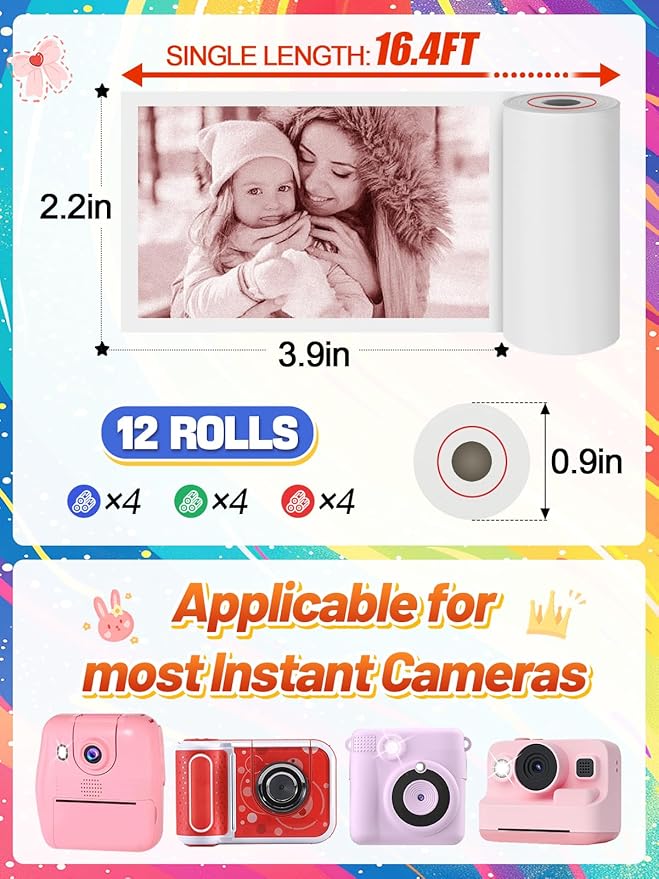 12 Rolls 3-color Kids Camera Paper Roll Refill - Color-Developing Red Green Blue, Thermal Instant Camera Photo Printer for 4 5 6 7 8 9 10 Year Old Girls Boys Birthday Gifts