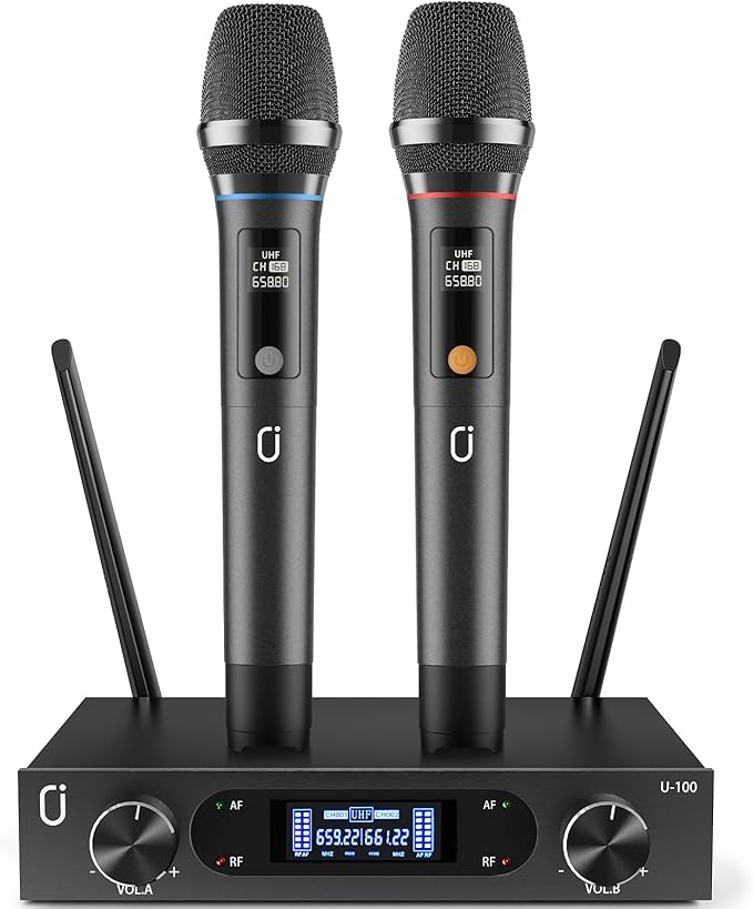 Wireless Microphones, Professional UHF Dual Microphones for Home Karaoke, Wireless Dynamic Microphone System Set, Microphones Systems for Speech, Wedding, Church, PA System