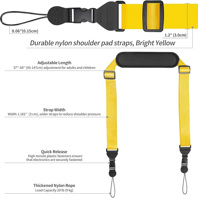 Universal Shoulder Strap, Neoprene Padded Bag Strap with Double Adjustable Buckles, Comfortable Neck Lanyard for Camera, Cellphone Tablet,iPad, Laptop, Binocular, Luggage Bag(Bright Yellow)