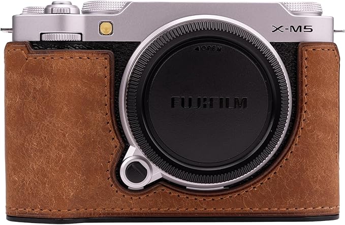 Uchandmade Handmade Genuine Leather Camera Half Case for Fujifilm X-M5/Fujifilm X-M5 Camera Case/Fujifilm X-M5 Case - Top Layer Cowhide Body + Metal Base Plate (Yellowish-Brown)